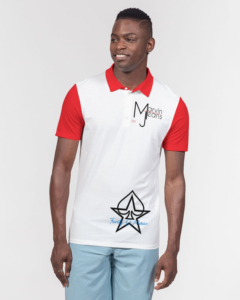 Red and white by Trinity D. Marvin Men's Slim Fit Short Sleeve Polo