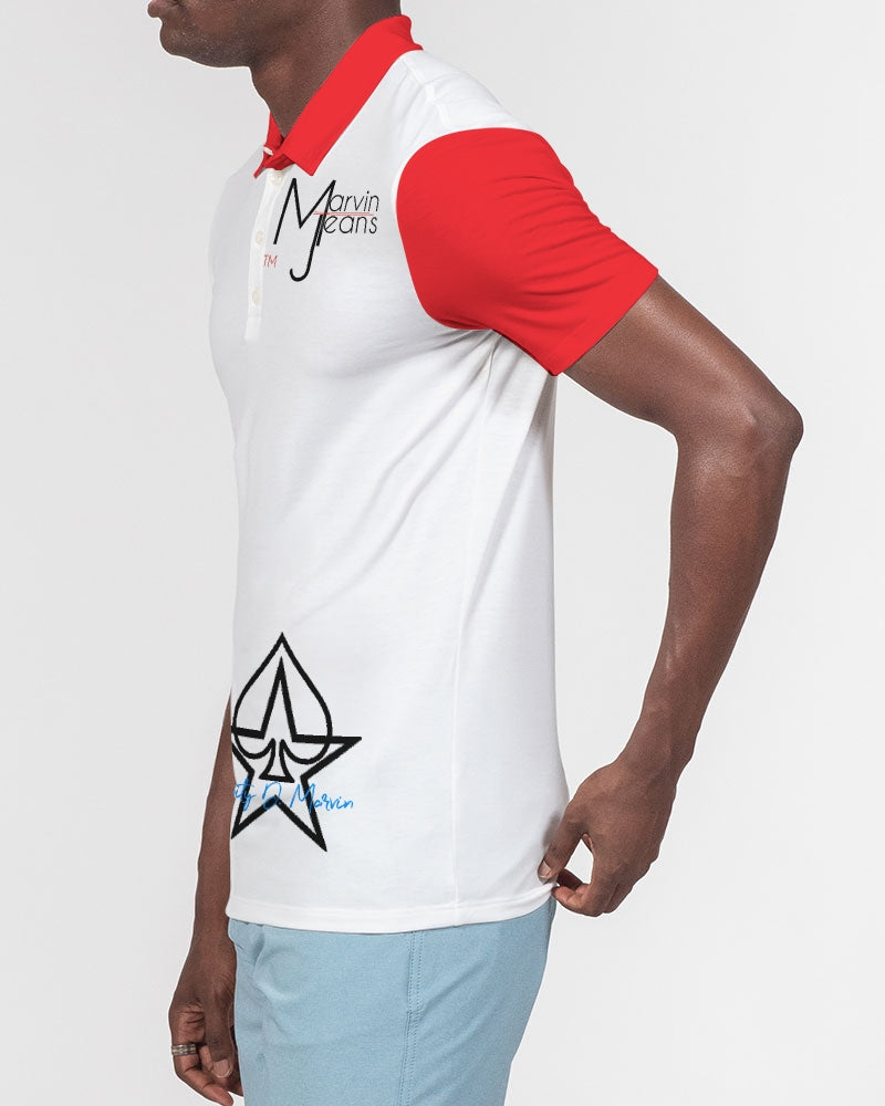 Red and white by Trinity D. Marvin Men's Slim Fit Short Sleeve Polo