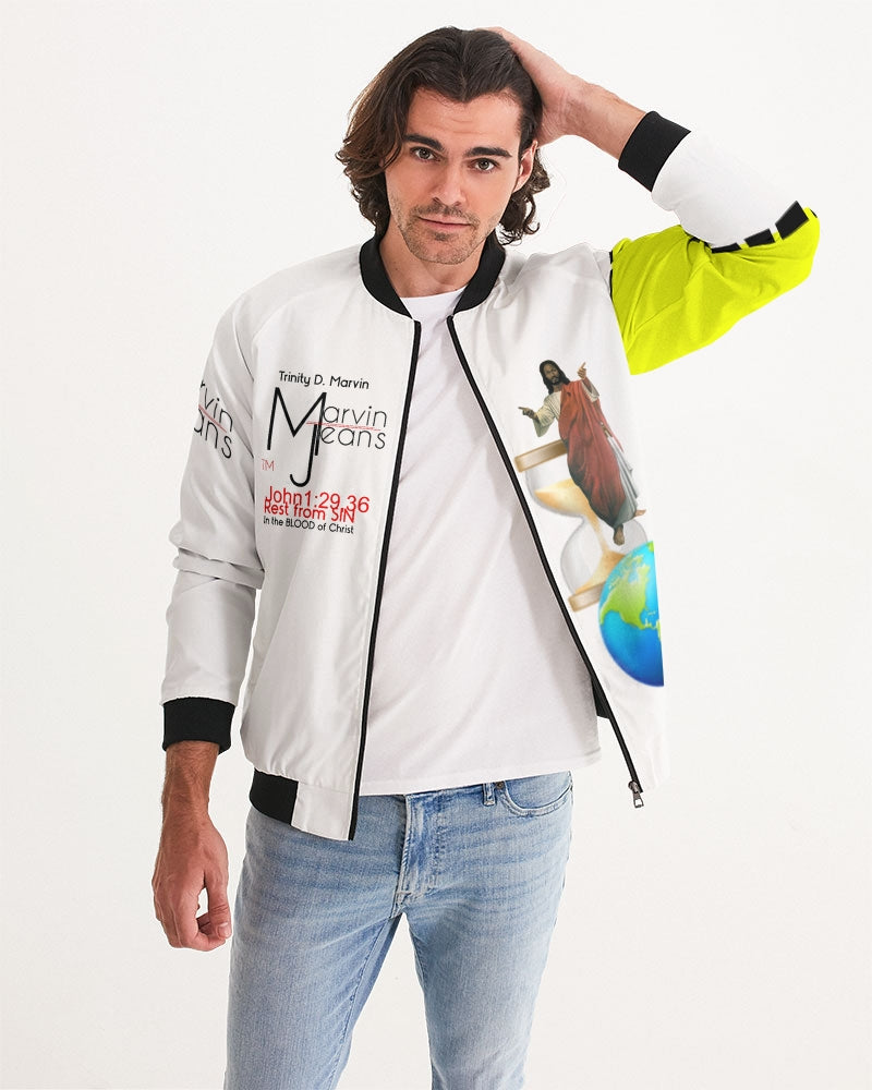 Gospel message Sabbath truth (Forget about Sunday) by Marvin Jeans and Trinity D Marvin Men's Bomber Jacket