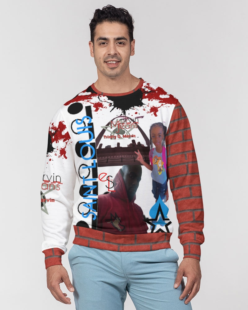 Brick city red awesome print by Marvin Jeans and Trinity D Marvin Men's Classic French Terry Crewneck Pullover