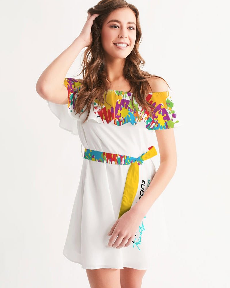 Yellow red paint splash by Marvin Jeans and Trinity D Marvin Women's Off-Shoulder Dress