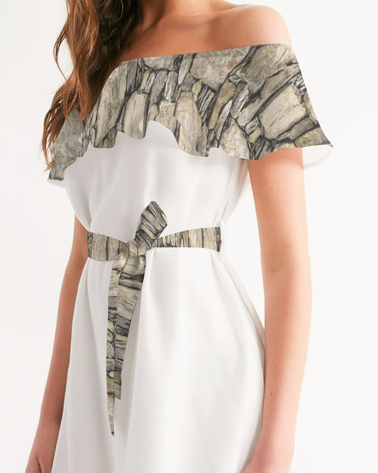 Stone Women's All-Over Print Off-Shoulder Dress