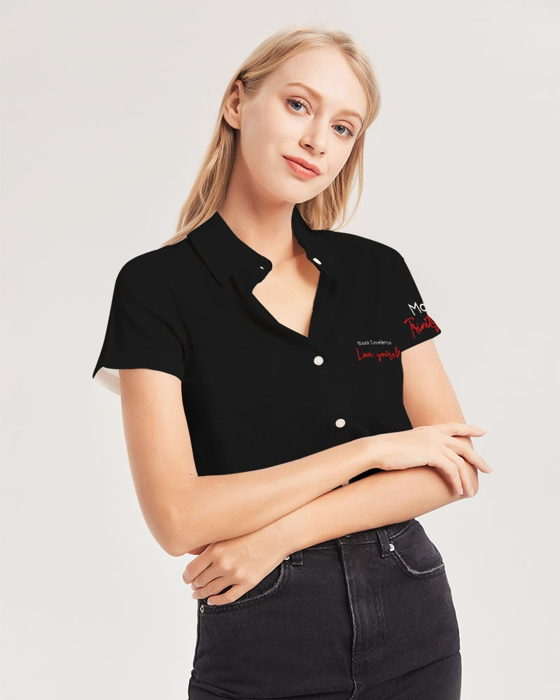 Black Excellence Women's All-Over Print Short Sleeve Button Up