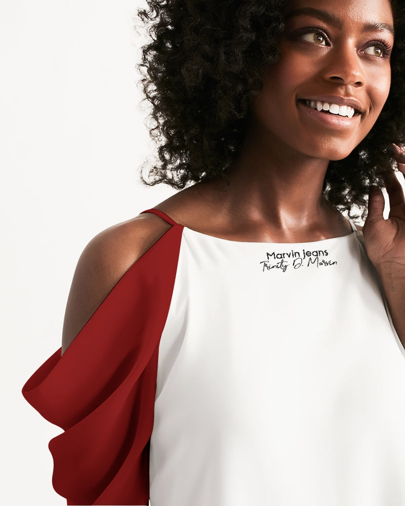 Maroon and white Women's Open Shoulder A-Line Dress