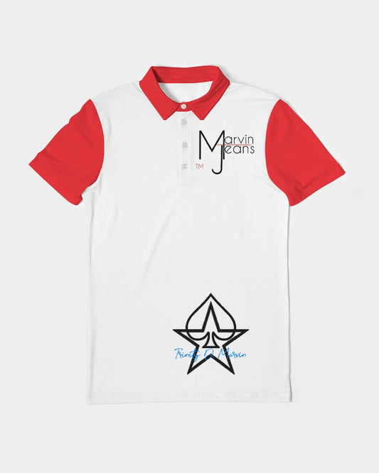 Red and white by Trinity D.  Marvin Men's Slim Fit Short Sleeve Polo