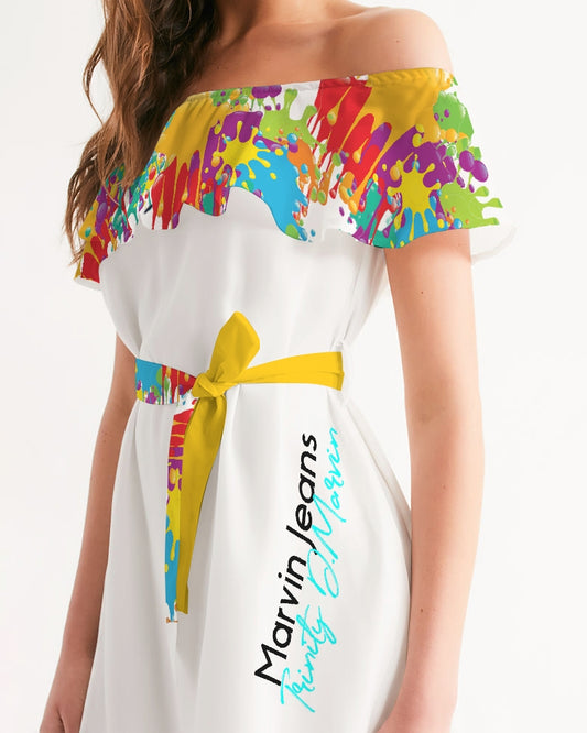Yellow red paint splash by Marvin Jeans and Trinity D Marvin Women's Off-Shoulder Dress