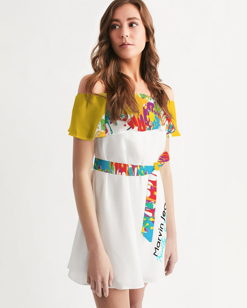 Yellow red paint splash by Marvin Jeans and Trinity D Marvin Women's Off-Shoulder Dress