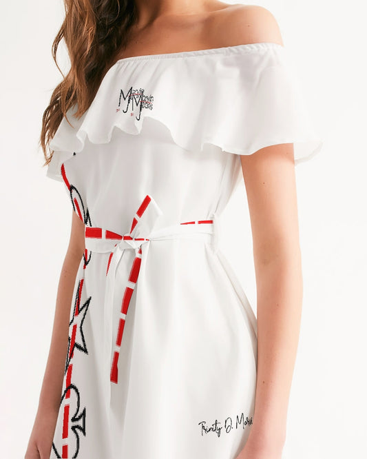 Red and white by Trinity D. Marvin Women's Off-Shoulder Dress