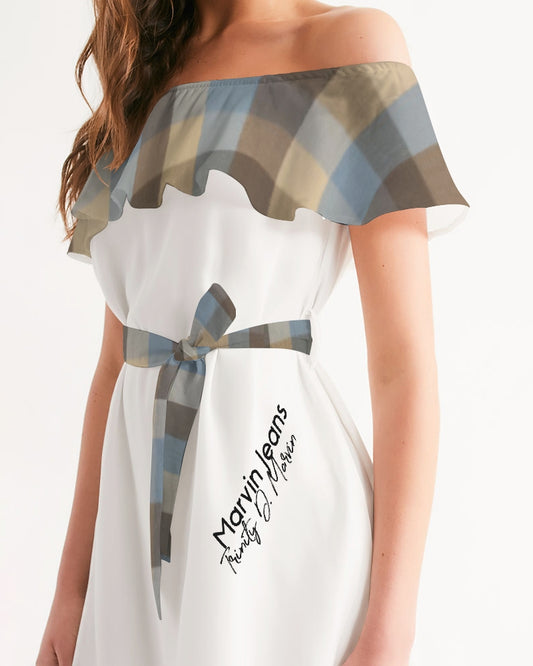 @plaids white Women's Off-Shoulder Dress
