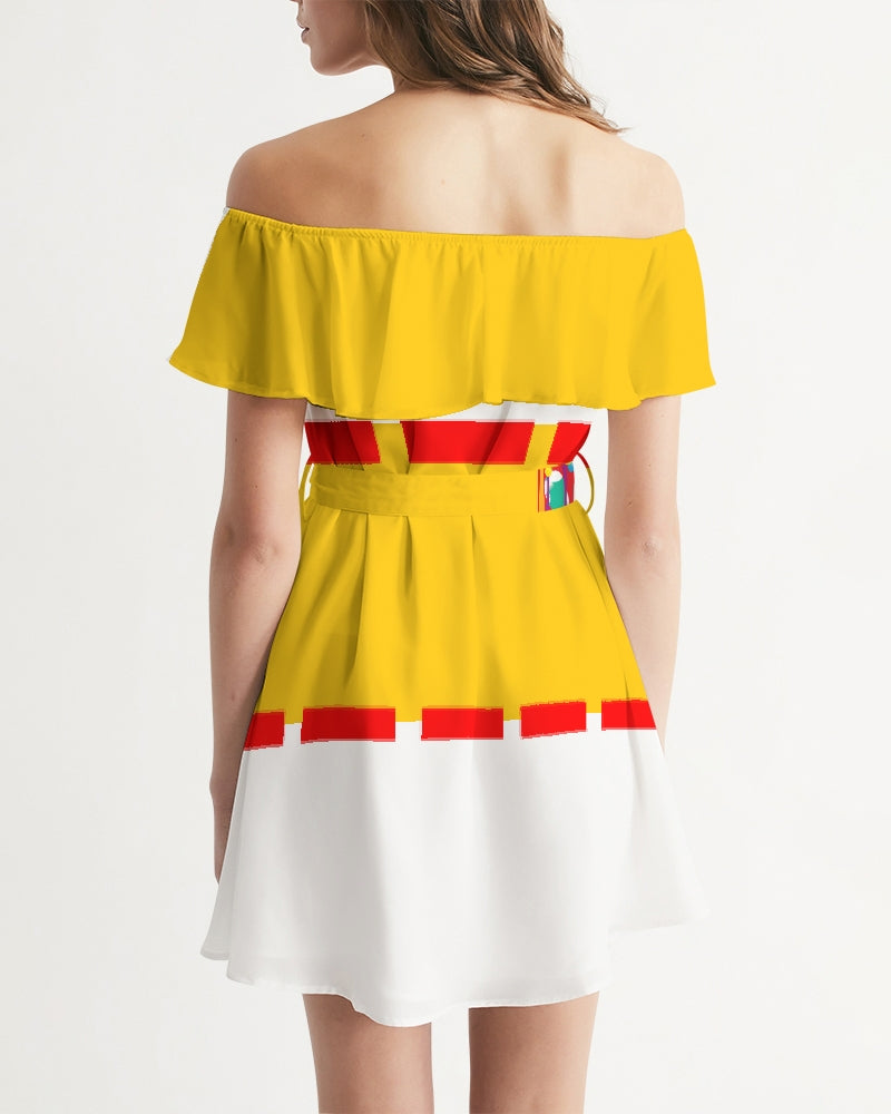 Yellow red paint splash by Marvin Jeans and Trinity D Marvin Women's Off-Shoulder Dress