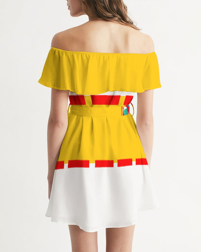 Yellow red paint splash by Marvin Jeans and Trinity D Marvin Women's Off-Shoulder Dress