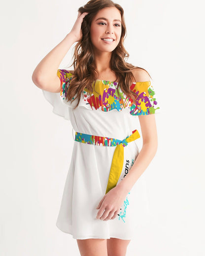 Yellow red paint splash by Marvin Jeans and Trinity D Marvin Women's Off-Shoulder Dress